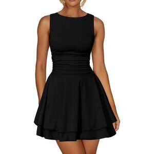 Women's BlackBoat Neck Sleeveless Corset Mini Dress with Ruched Ruffle Hem